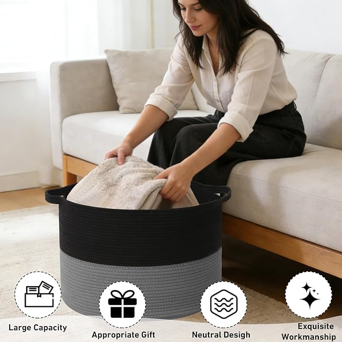 90L Large Blanket Basket, 21.7"x 21.7"x 13.8" Rope Woven Storage Basket with Handles, Laundry Hamper for Toys,Clothes,Pillows & Towels,Perfect for Living Room,Nursery & Bedroom,Black&Dark Grey