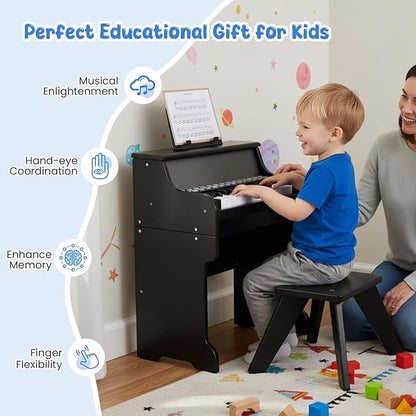 HONEY JOY Wooden Kids Piano, 25 Lighted Keys Kids Keyboard Piano w/Music Stand, Bench, Early Learning Educational Musical Instrument, Baby Music Toy for 3+ Years Old Toddlers Boys Girls (Black)