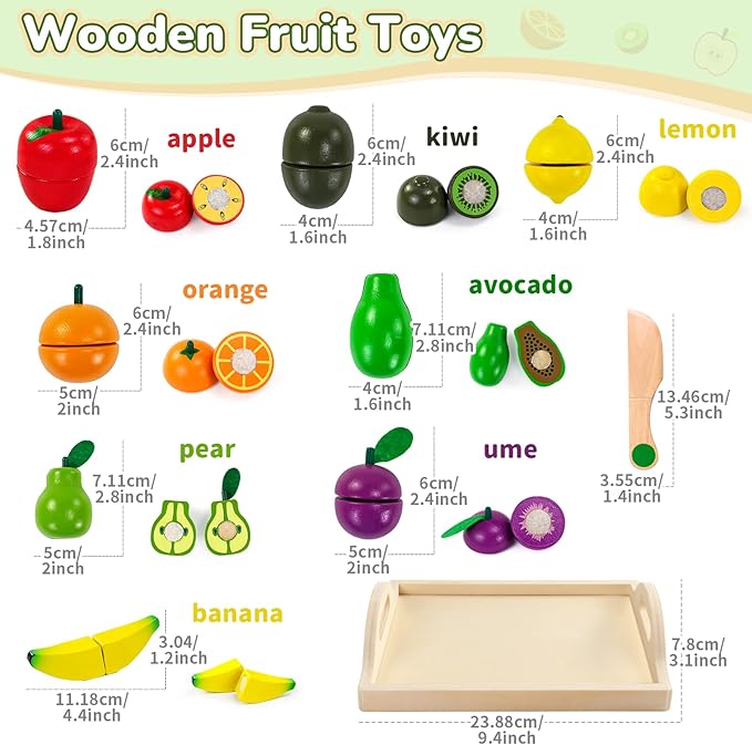Fajiabao Wooden Play Food for Kids Kitchen Montessori Toys for 2 Year Old Girls & Boys Wood Cutting Fruit Set with Tray Fine Motor Skills Educational Toddler Gifts 2 3 4 5 6