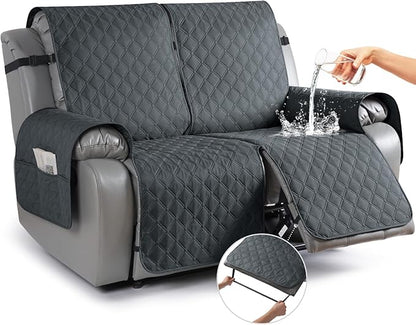 TAOCOCO 100% Waterproof Recliner Covers, Recliner Sofa Covers with Leg Straps, Reversible Recliner Couch Cover for Reclining Chair, Washable Couch Protector for Pets Kids(2 Seater, Dark Gray)