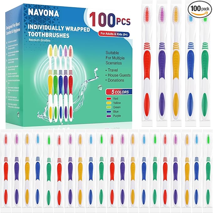 Navona 100 PCS Premium Individually Wrapped Bulk Toothbrush Pack, Disposable Toothbrush, Soft Toothbrush for Adult or Kid, Soft Bristle Toothbrush, Ergonomics Handle, Perfect for Travel,Hotel,Donation