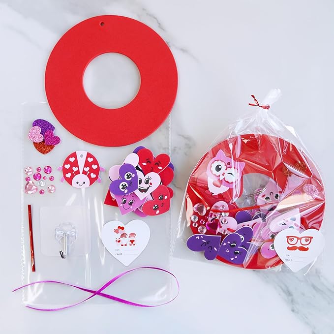 Winlyn 12 Sets Valentine's Day Craft Kits Heart Crafts DIY Heart Wreath Ornaments Decorations Art Sets Foam Smile Heart Stickers for Kids Valentine's Day Party Classroom Activities Gift Exchange