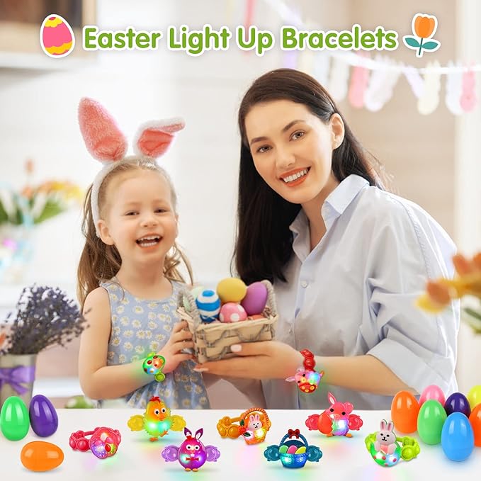 NPET LED Light Up Bracelets 10 Packs Easter Party Favors for Kids, Pop Fidgets Bracelets Glow in The Dark Egg Fillers Goody Bag Stuffers for Kids Boys Girls Glow in the Dark Bracelets