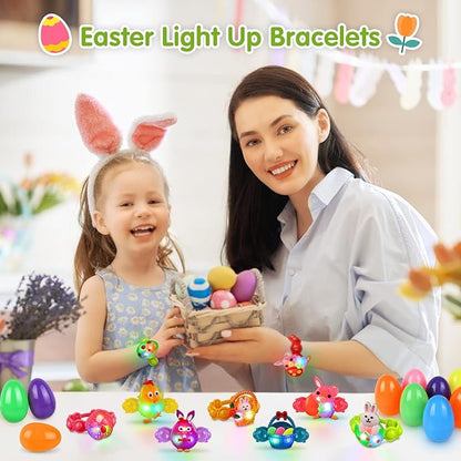NPET LED Light Up Bracelets 10 Packs Easter Party Favors for Kids, Pop Fidgets Bracelets Glow in The Dark Egg Fillers Goody Bag Stuffers for Kids Boys Girls Glow in the Dark Bracelets