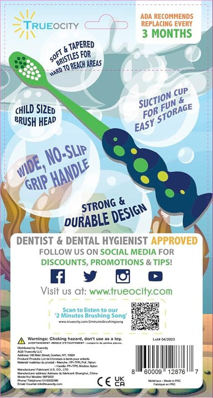 Kids Toothbrush 6 Pack - Soft Contoured Bristles - Child Sized Brush Heads (3-10 Year Old) - Suction Cup for Fun & Easy Storage - Girl & Boy Set (6-Pack, Green & Pink)