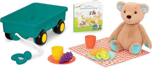 B. Toys- Happyhues - Cara-Mellow Bear Playset- Plush Bear with Picnic Play Set-Board Book – Wagon & Play Food – 18 Months +