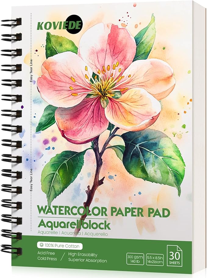 KOVIEDE 100% Cotton Watercolor Paper Pad 30 Sheets, Cold Press 140lb/300gsm Spiral Bound Watercolor Sketchbook, Artist Quality Art Journal Supplies (Floral-Green, 5.5“x8.5)