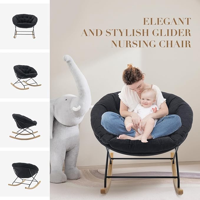 COLAMY Rocking Chair Nursery, Upholstered Glider Rocker Accent Chair Saucer Armchair with Comfy Cushions, Wood Base and Metal Legs for Living Room, Bedroom, Office, Black