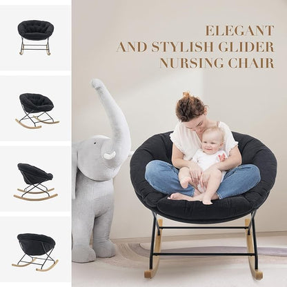 COLAMY Rocking Chair Nursery, Upholstered Glider Rocker Accent Chair Saucer Armchair with Comfy Cushions, Wood Base and Metal Legs for Living Room, Bedroom, Office, Black