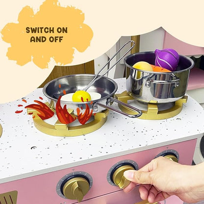 Kitchen Playset for Kids Ages 3-8, Wooden Pretend Play Kitchen, Including Telephone, Ice Maker, Refrigerator, Dimensions: 35” H x 31” W x 12” D (Pink)