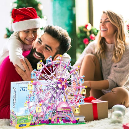 Rotating Ferris Wheel Building Blocks Kit,with Lights Amusement Park Building Construction Toys Set for 6+ Year Boys.Girls.Adult(870 Pieces) Pink