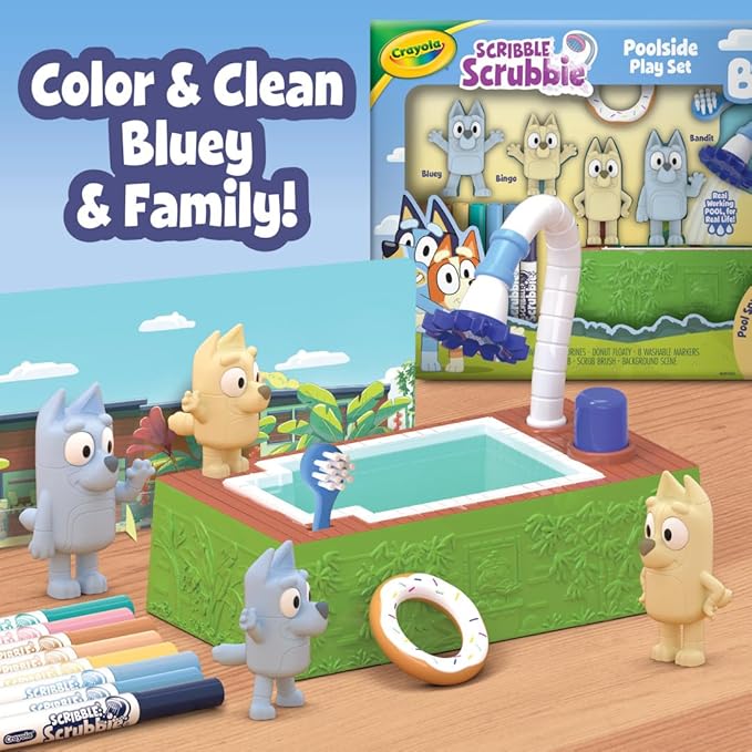 Crayola Scribble Scrubbies Bluey Poolside Playset (4ct), Washable Bluey Toy Set for Kids, Essential Easter Basket Stuffers for Toddlers, Gifts for Girls & Boys, Ages 3+
