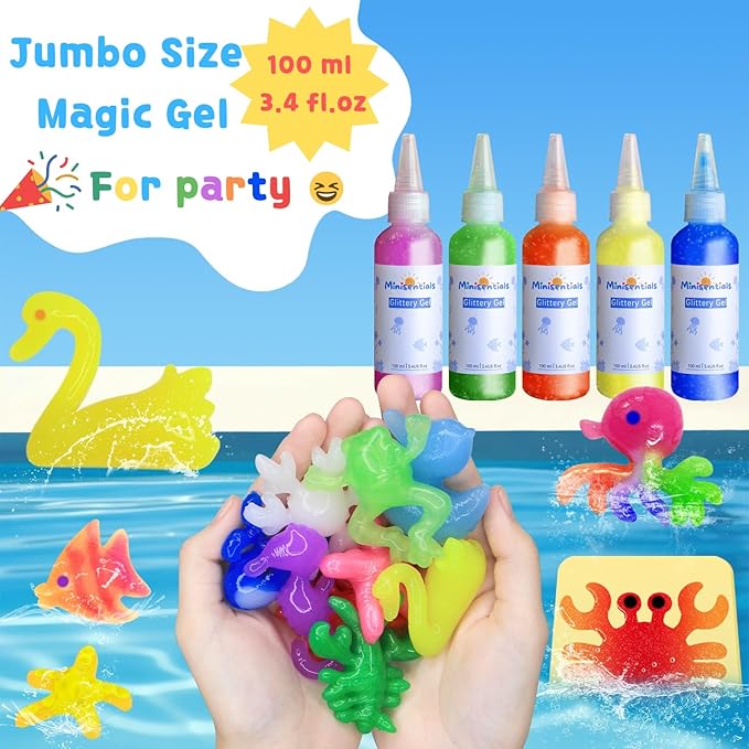 MINISENTIALS Magic Water Elf Toy Kit - 20 Colors Aqua Art Gel 100ml Jumbo Size Famliy Set - 15 Sea Creature Molds Magic Fairy Squishy Maker - Party Favor Birthday Christmas Gift for Kids
