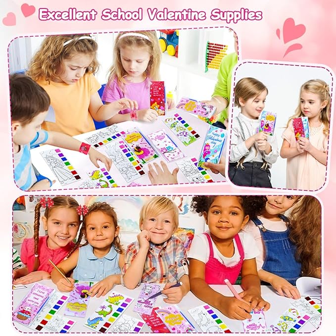 JUNQIU 24 Pack Valentines Day Cards For Kids School, Watercolor Coloring Book Set, Valentines Day Gifts For Kids Classroom Exchange, Paint Party Favors Valentines Crafts