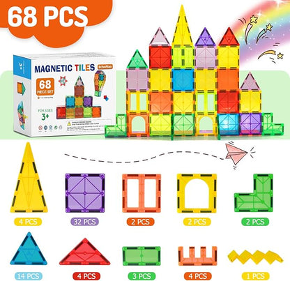 EchoPlan Magnetic Tiles,68PCS Magnetic Building Blocks,Magnet Tiles 3D Clear Building Blocks Set,STEM Sensory Educational Toys Gift for Toddlers Kids Boys 3 4 5 6 7 8 9+ Year Old