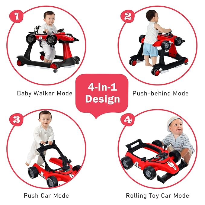 GLACER Foldable Baby Walker, 4-in-1 Infant Walker with Adjustable Height & Speed, Music, Light, Steering Wheel & Washable Cushion, Baby Walker Activity Center for Boys Girls 6 –18 Months (Red)
