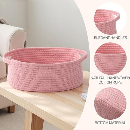 JMvicyroam Woven Basket,Small Rope Storage Bin with Handles & Ribbon Bag, Organizer for Shelves Closets,Gift Basket Empty for Birthday,Books,Dog Toys, Pink/3 Pack