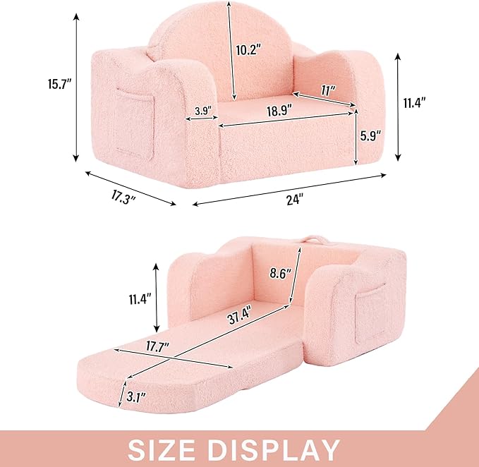 Tiita Kids Chair Couch, Folding Toddler Comfy Sofa Chairs, 2-in-1 Kids Plush Sofa Fold Out, Baby Armrest Chair Sofa to Lounger, Convertible Play Sofas to Bed for Girl or Boy, Pink