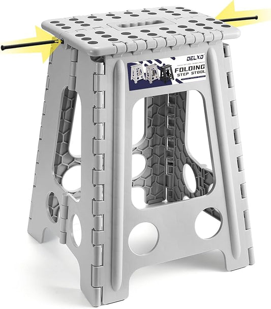 Delxo Folding Step Stool 17.5 Inch,Heavy Duty Step Stools for Adults,Non Slip Folding Stool with Handle,Premium Portable Foldable Step Stool for Kitchen Bathroom Bedroom Up to 400LBS,(Grey,1PC)