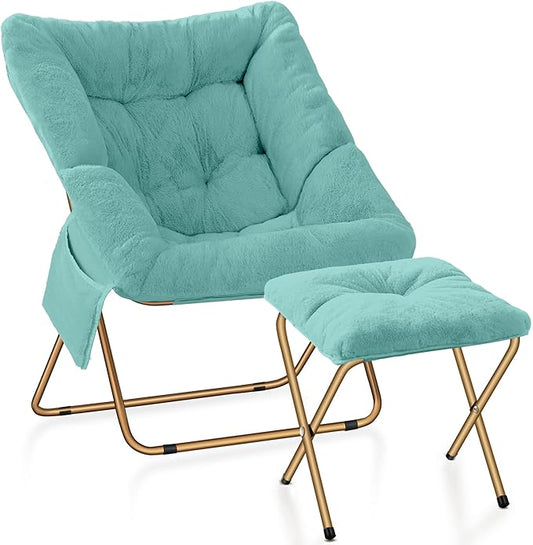 Comfy Saucer Chair, Foldable Living Room Chairs, Soft Faux Fur Lounge Chair for Bedroom, Reading Chairs for Adults, Kids, X-Large (Mint)