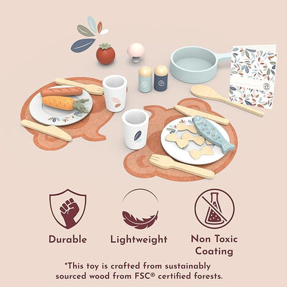 Speedy Monkey Wooden Dining Set for Two – 19-Piece Pretend Play Meal Kit with Pasta, Fish, Sausage, Vegetables, and More – for Kids 2yrs Up | Encourages Imagination, Role Play & Fine Motor Skills