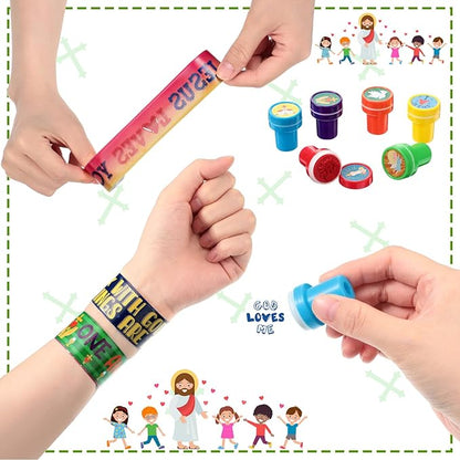 Jenaai 96 Pcs Religious Slap Bracelets with Stampers Bulk Assorted Jesus Love You Wristbands Christian Gifts for Kids Religious Prizes Bible Verse Party Favors for Sunday School Boys Girls