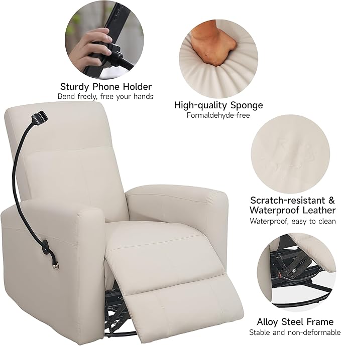 Power Swivel Glider Chair Nursery, Swivel Rocker Recliner with USB Ports, Rocking Chair with Microfiber Leather, Waterproof, Living Room, Nursery - Beige