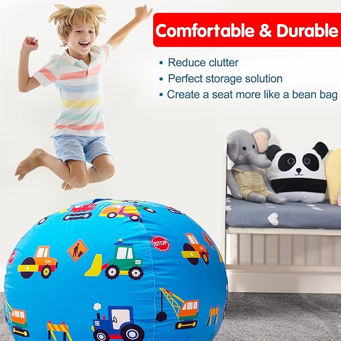 Lukeight Stuffed Animal Storage Bean Bag Chair Cover for Kids, Construction Zipper Beanbag Chair Cover for Organizing Toddler and Kids' Rooms Plush Toys (Construction Velvet, Large)