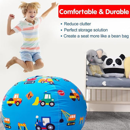 Lukeight Stuffed Animal Storage Bean Bag Chair Cover for Kids, Construction Zipper Beanbag Chair Cover for Organizing Toddler and Kids' Rooms Plush Toys (Construction Velvet, Large)