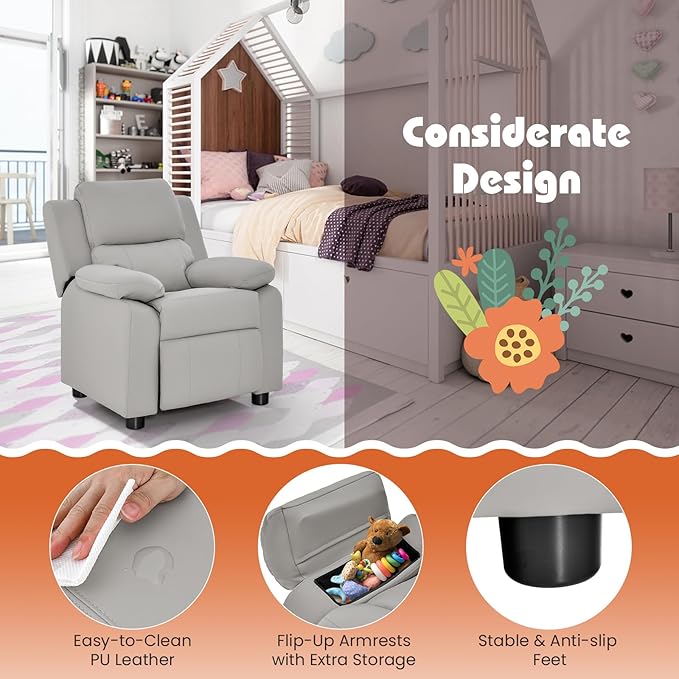 Costzon Kids Recliner, Leather Recliner Chair w/Footrest, Armrest Storage, Headrest & Lumbar Support, Ergonomic Lounge Chair for Living & Gaming Room, Adjustable Recliner Sofa for Boys Girls (Gray)