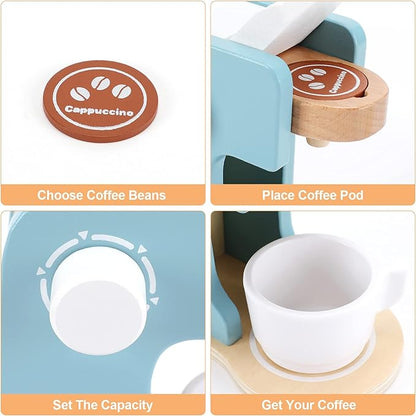 WHOHOLL Kids Coffee Maker Playset, Wooden Kitchen Toy Coffee Maker for Kids, Toddler Pretend Play Kitchen Accessories, Play Coffee Maker Wooden Toys, Espresso Machine Playset Gifts for Girls Boys