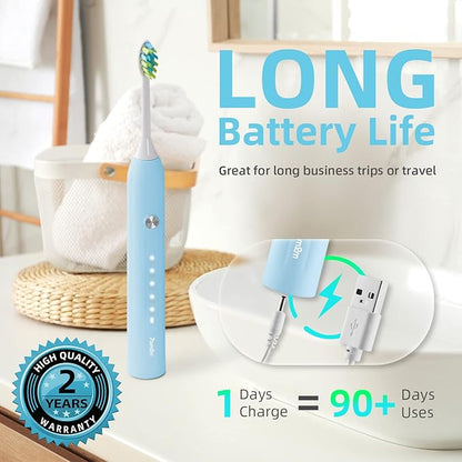 7AM2M Sonic Electric Toothbrush for Adults and Kids, with 8 Brush Heads and Travel Case,5 Modes with 2 Minutes Build in Smart Timer, One Charge Use for 90 Days, Rechargeable Toothbrushes (Light Blue)