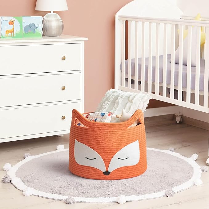 Fox Decor Basket, Nursery Basket for Baby Clothes, Toys, Laundry, Blanket, Cute Animal Storage Box, Large Woven Gift for Kids, Baby Showers-15.7"L x 11.8"H, Orange