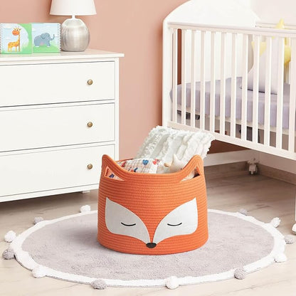 Fox Decor Basket, Nursery Basket for Baby Clothes, Toys, Laundry, Blanket, Cute Animal Storage Box, Large Woven Gift for Kids, Baby Showers-15.7"L x 11.8"H, Orange