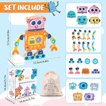 Wooden Robot Snap-Together Building Blocks, STEM Take Apart Toys Playset for Toddlers 3 4 5 6, 28 Psc Montessori Educational Fine Motor Skills Toys for Boys & Girls Birthday Gift