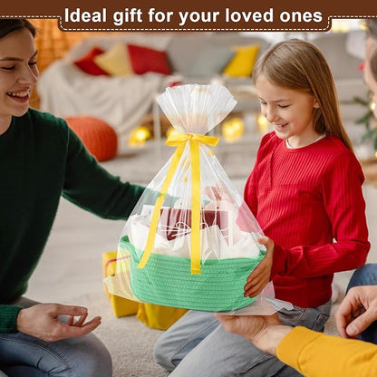 OIAHOMY Gift Basket with Handle, Small Woven Basket with Gift Bag, Ribbon and Wrap Tissue Paper, Nursery Bins Empty to Fill with Small Items, Baby, Pet Toy Organizer - Green