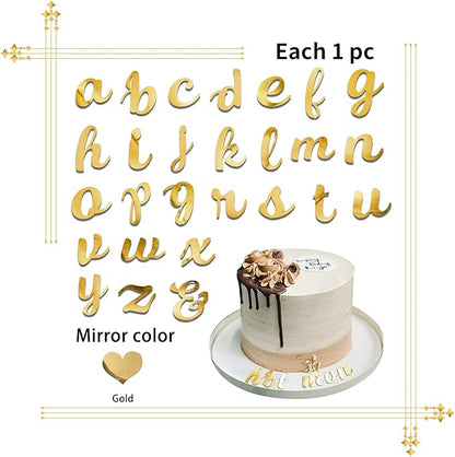 Acrylic Alphabet Cake Topper DIY Personalized Name Cupcake Toppers with A-Z Letter Mirrored Gold Picks for Custom Wedding Cake Decorations Baby Shower Happy Birthday Party Supplies (Lowercase)