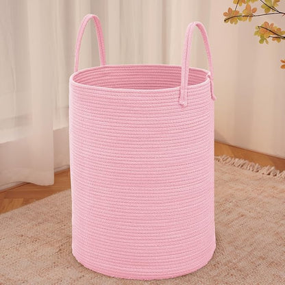 JMvicyroam Large Woven Laundry Basket Hamper,100L Cotton Rope Storage Bin for Blankets,Toys and Clothes,Decorative Tall Nursery Hamper for Living Room,Baby Nursery,Bathroom and Bedroom,Pink