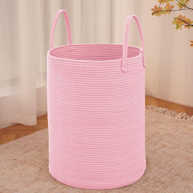 JMvicyroam Large Woven Laundry Basket Hamper,80L Cotton Rope Storage Bin for Blankets,Toys and Clothes,Decorative Tall Nursery Hamper for Living Room,Baby Nursery,Bathroom and Bedroom,Pink