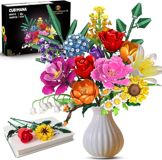 Flower Bouquet Building Set - 1000 PCS Bouquet Botanicals Collection Gift for Valentine's Day for Her and Him, 15 Artificial Flowers Building Blocks Home Plant Decor for Adults Women Birthday