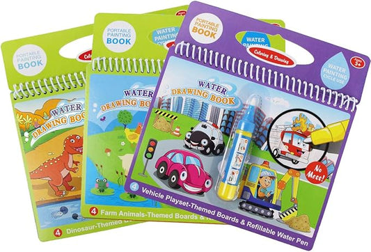 Jenilily Water Coloring Books with Pen Painting Board for Children Drawing Color Toys (Dinosaur & Cartoon Animal & Vehicle)