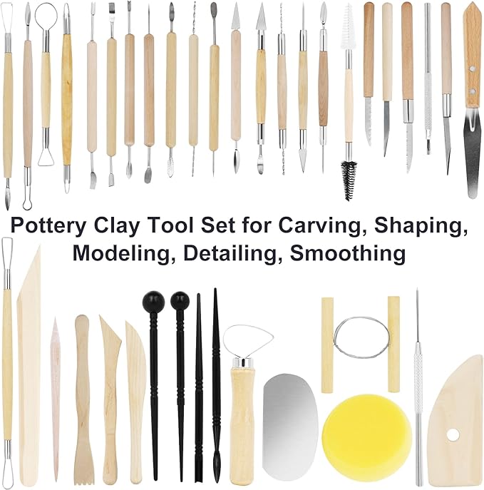 Pottery Supplies Clay Tools for Sculpting, Yagugu 39Pcs Basic Wood Ceramics Carving Polymer Clay Tool Supplies kit Supplies for Kids Adults and Artists Modeling Shaping Building for Art&Craft Gifts