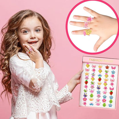 Little Girl Jewel Rings, Adjustable Pink Rings Girls Kids Pretend Play and Dress up Jewelry Set, Cute Rings with Display Case Party Favors Toys Gifts