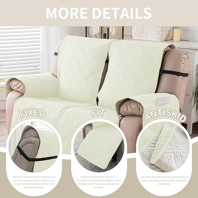 Easehomey Waterproof Loveseat Recliner Cover,Non Slip Reclining Couch Covers for 2 Seat,Dog Chair Cover Furniture Protector Washable Chair Cover with Pocket for Kids,Pets,Dogs(Cream White,2Seat)