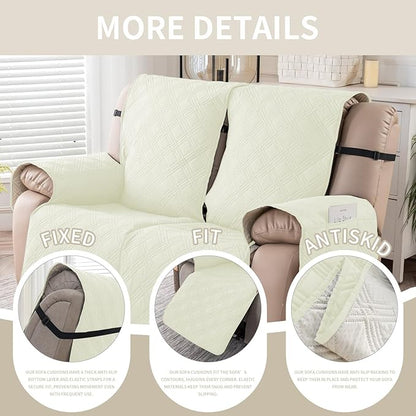 Easehomey Waterproof Loveseat Recliner Cover,Non Slip Reclining Couch Covers for 2 Seat,Dog Chair Cover Furniture Protector Washable Chair Cover with Pocket for Kids,Pets,Dogs(Cream White,2Seat)