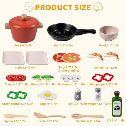 OMYBaby Wooden Play Kitchen Accessories Set for Toddlers, 25PCS Cooking Playset Food Toys with pots & Pans, Melissa and Doug Pretend Play Kitchen Toys Gift for Kids 3Y+