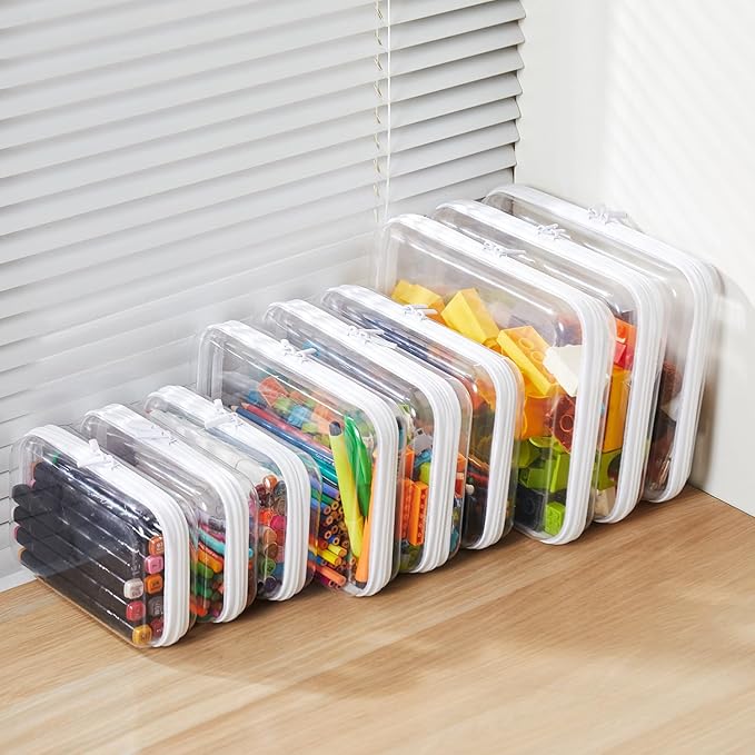 4PCS Large Clear Hard Shell Zipper Case, Makeup Organizer & Toy Storage Bag for Lego Bricks, Diaper Pouches, Cosmetic Bags, Transparent Pencil box, Puzzle Board Game, Portable Travel Toiletries