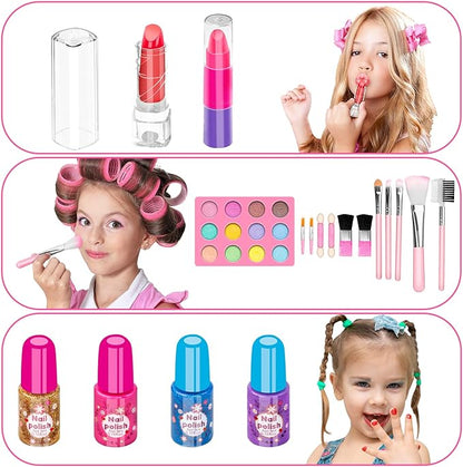 Hollyhi 58 Pcs Kids Makeup Kit for Girl, Princess Toys Real Washable Cosmetic Set with Mirror, Kids Makeup Sets for Girls, Play Make Up Birthday Gifts for 3 4 5 6 7 8 9 10 11 12 Years Old Kid (Pink)