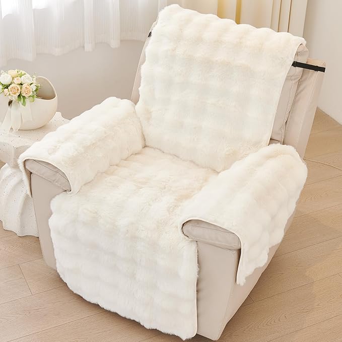 vctops Faux Fur Fluffy Recliner Chair Slipcover Faux Rabbit Fur Non Slip Sofa Cover Super Soft Plush Thick Couch Cover Furniture Protector with Elastic Straps for Kids, Dogs, Pets(Cream,24")