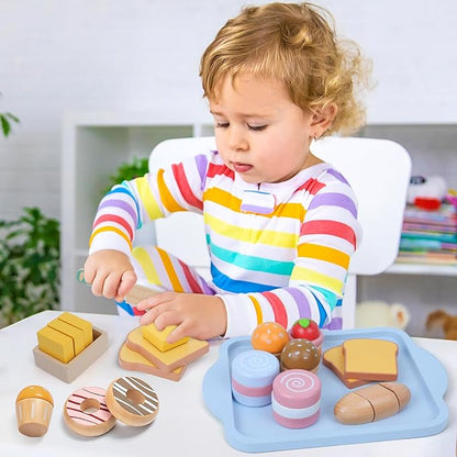 Wooden Toy Food Set, Kids Kitchen, Toy Food Set - Pretend Food Wooden Toys, Velcro Food Cuts, Toys for Kids Ages 3 and Up.
